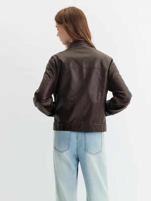 FSLE 2026 Autumn New Arrival Retro Style Coffee Brown Stand Collar Biker Leather Jacket Slim Fit Short Coat Cotton Contain