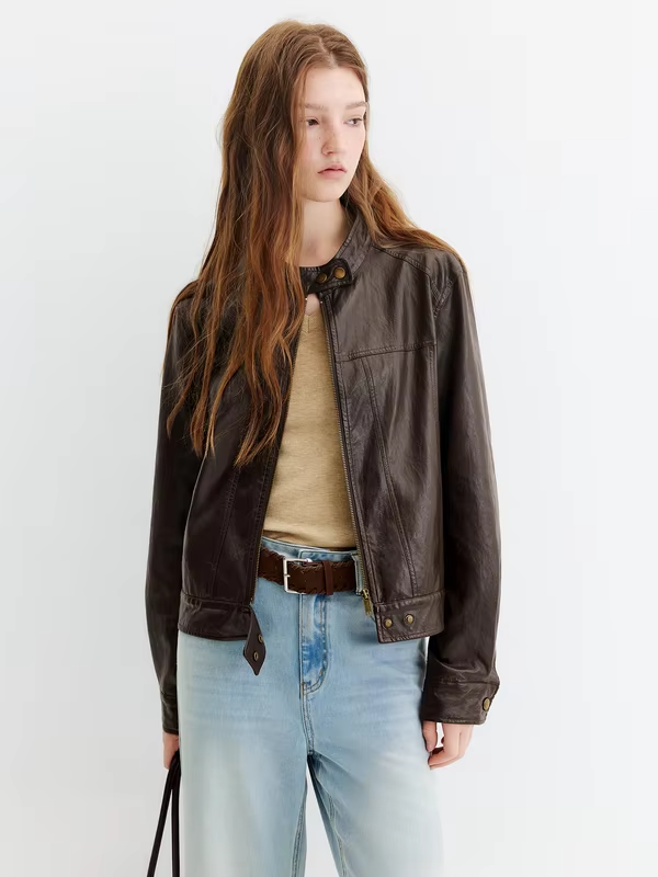 FSLE 2026 Autumn New Arrival Retro Style Coffee Brown Stand Collar Biker Leather Jacket Slim Fit Short Coat Cotton Contain