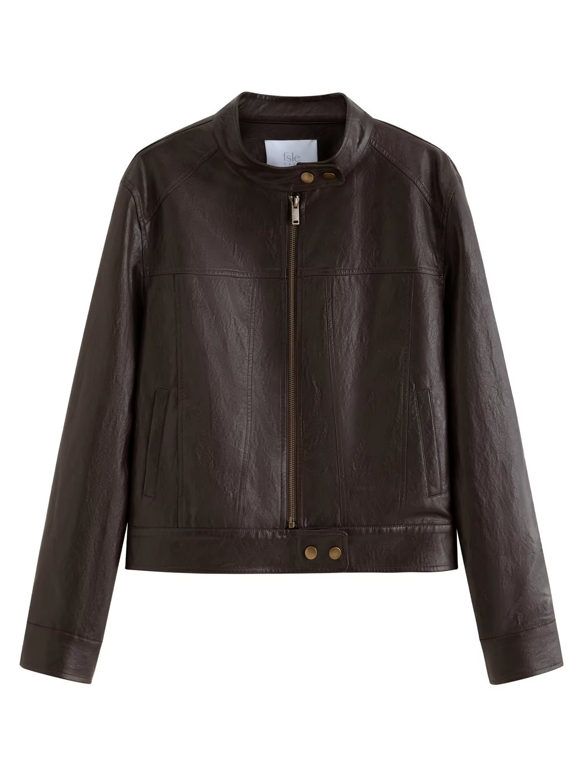 FSLE 2026 Autumn New Arrival Retro Style Coffee Brown Stand Collar Biker Leather Jacket Slim Fit Short Coat Cotton Contain