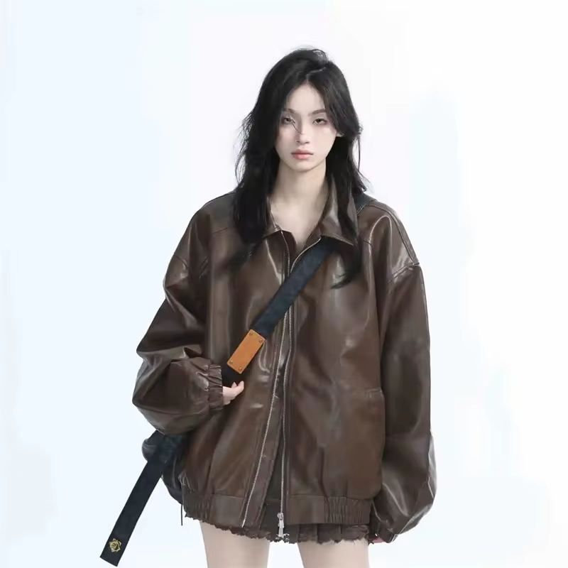 Retro Ladies Fashion Zipper Faux Leather Jacket Spring Autumn Women Long Sleeves Leather Coat 2025 Female PU Leather Outwear
