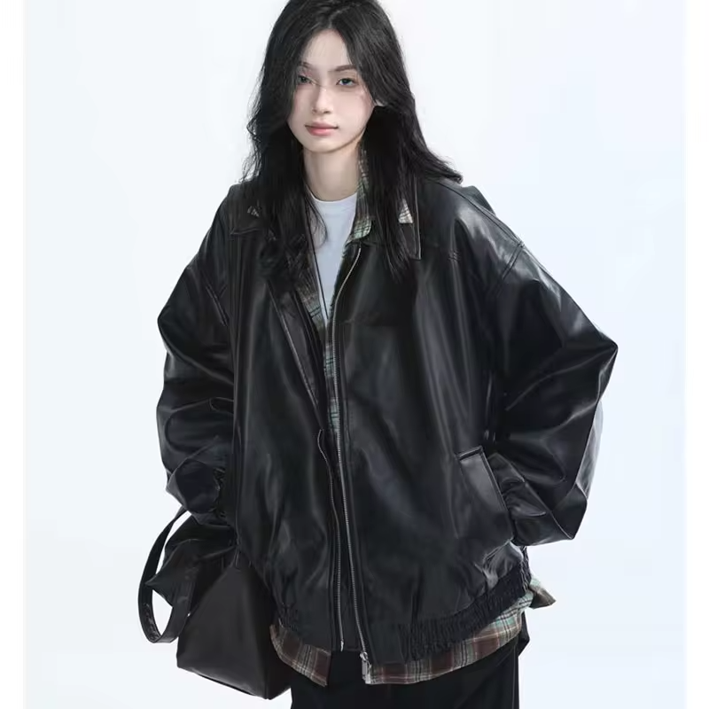 Retro Ladies Fashion Zipper Faux Leather Jacket Spring Autumn Women Long Sleeves Leather Coat 2025 Female PU Leather Outwear