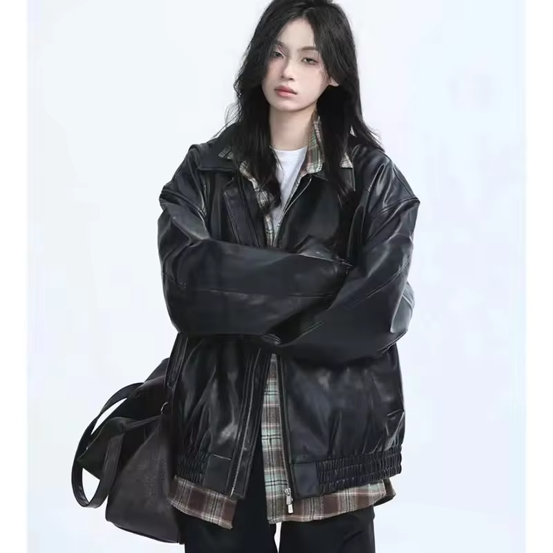 Retro Ladies Fashion Zipper Faux Leather Jacket Spring Autumn Women Long Sleeves Leather Coat 2025 Female PU Leather Outwear