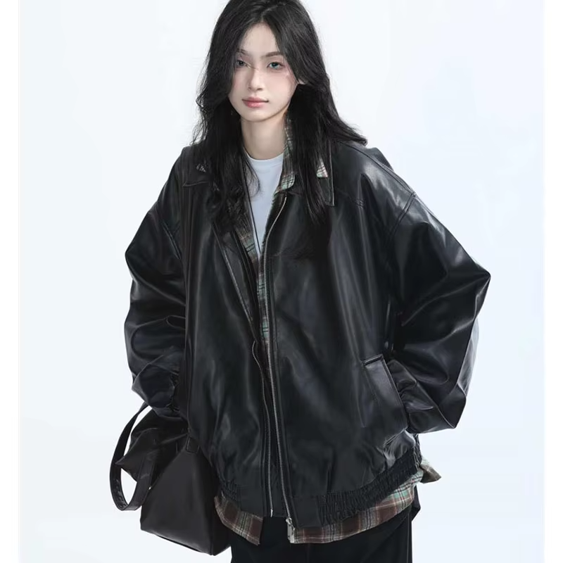 Retro Ladies Fashion Zipper Faux Leather Jacket Spring Autumn Women Long Sleeves Leather Coat 2025 Female PU Leather Outwear