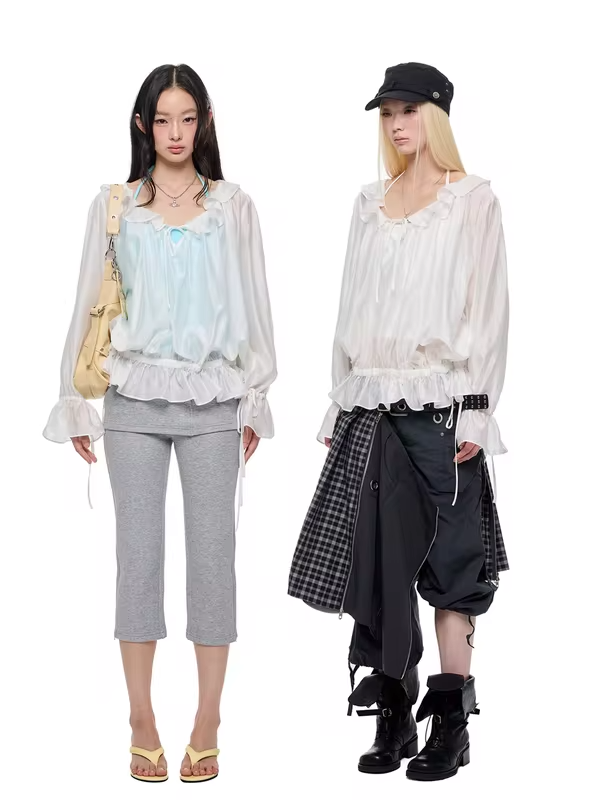 JIKOO Korean Style Thin Pleated Diamond Heat Resistant Women's Shirt Shoulder Bared Loose Fit Casual Long Sleeve Breathable