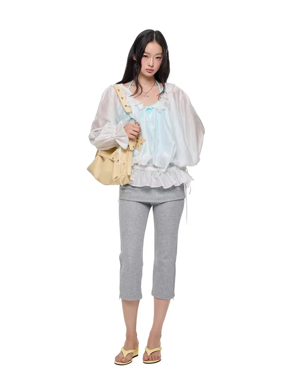JIKOO Korean Style Thin Pleated Diamond Heat Resistant Women's Shirt Shoulder Bared Loose Fit Casual Long Sleeve Breathable
