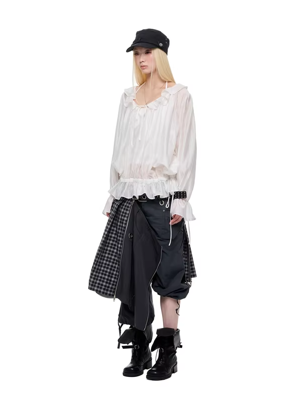 JIKOO Korean Style Thin Pleated Diamond Heat Resistant Women's Shirt Shoulder Bared Loose Fit Casual Long Sleeve Breathable
