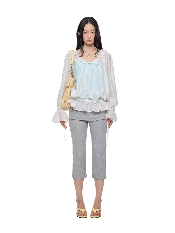 JIKOO Korean Style Thin Pleated Diamond Heat Resistant Women's Shirt Shoulder Bared Loose Fit Casual Long Sleeve Breathable