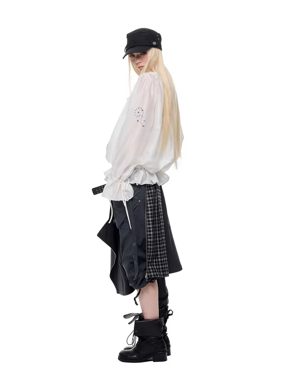 JIKOO Korean Style Thin Pleated Diamond Heat Resistant Women's Shirt Shoulder Bared Loose Fit Casual Long Sleeve Breathable