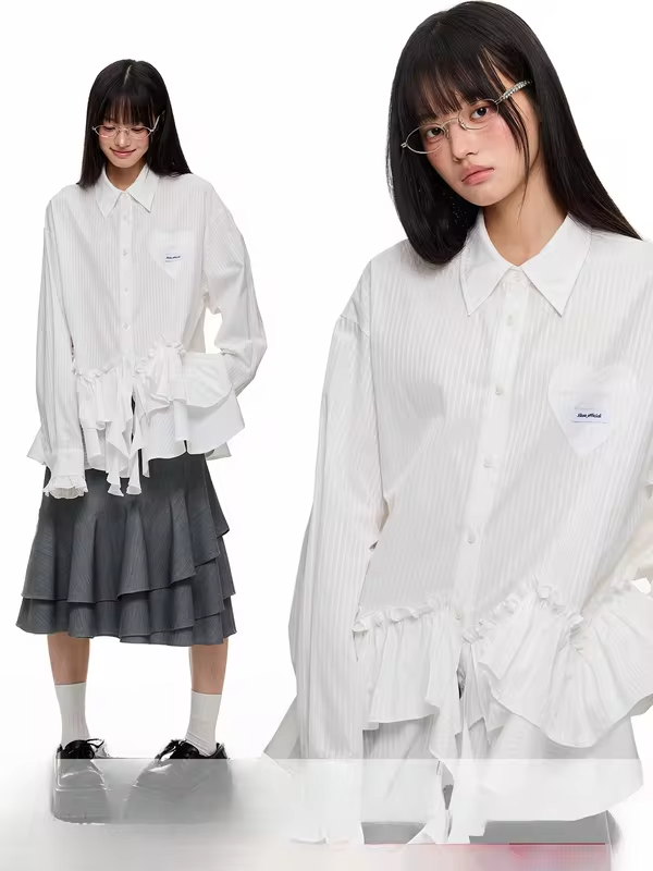 JIKOO White Oversized Long Sleeve Striped Shirt Irregular Lace Design Original Design Women's Fashion Summer Breathable Polye