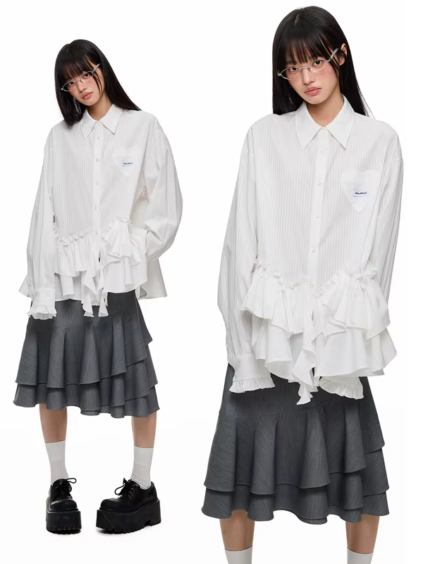 JIKOO White Oversized Long Sleeve Striped Shirt Irregular Lace Design Original Design Women's Fashion Summer Breathable Polye