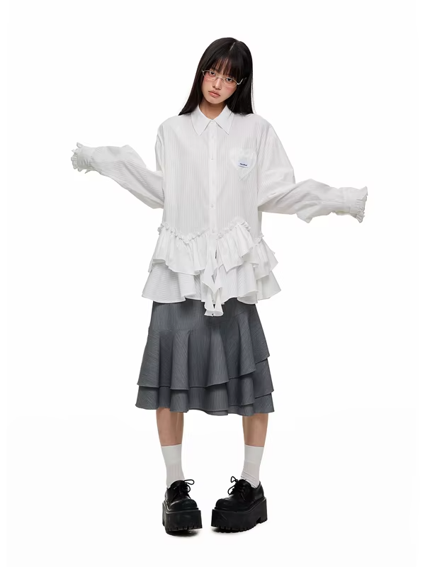 JIKOO White Oversized Long Sleeve Striped Shirt Irregular Lace Design Original Design Women's Fashion Summer Breathable Polye