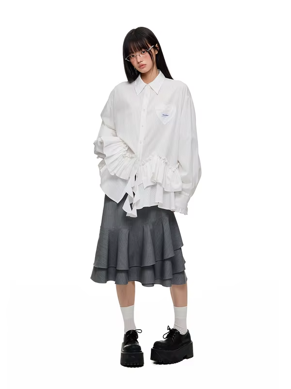 JIKOO White Oversized Long Sleeve Striped Shirt Irregular Lace Design Original Design Women's Fashion Summer Breathable Polye