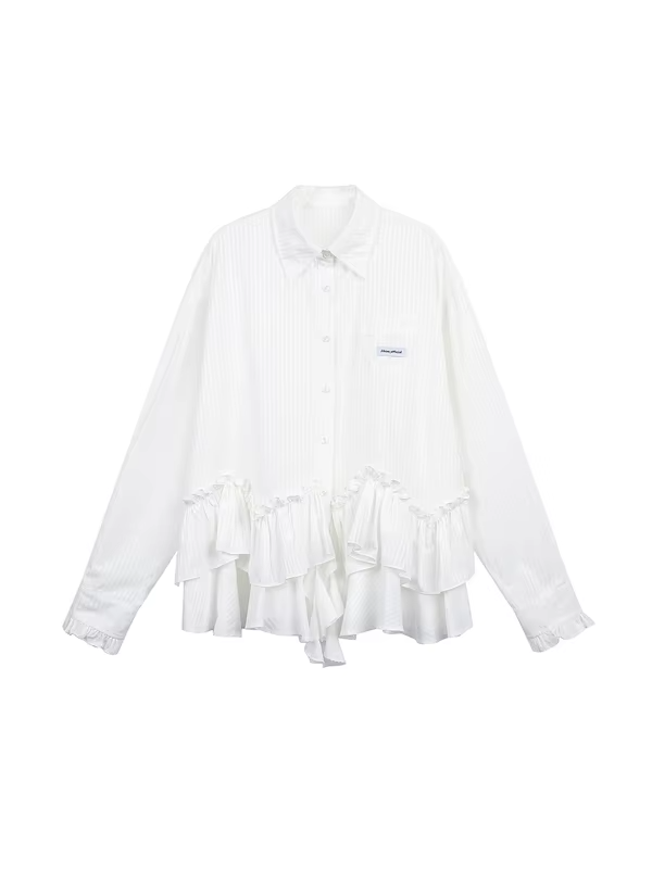 JIKOO White Oversized Long Sleeve Striped Shirt Irregular Lace Design Original Design Women's Fashion Summer Breathable Polye