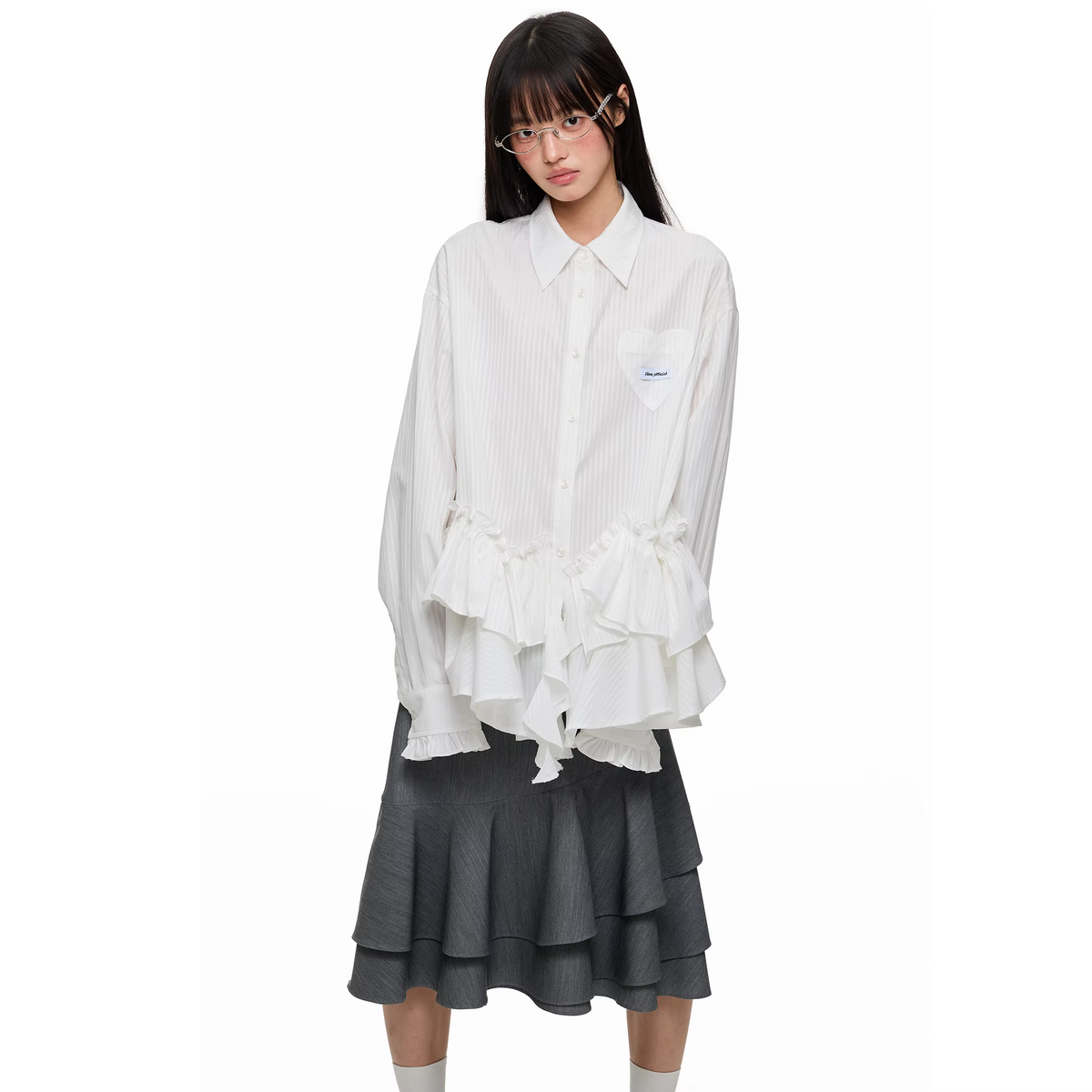 JIKOO White Oversized Long Sleeve Striped Shirt Irregular Lace Design Original Design Women's Fashion Summer Breathable Polye