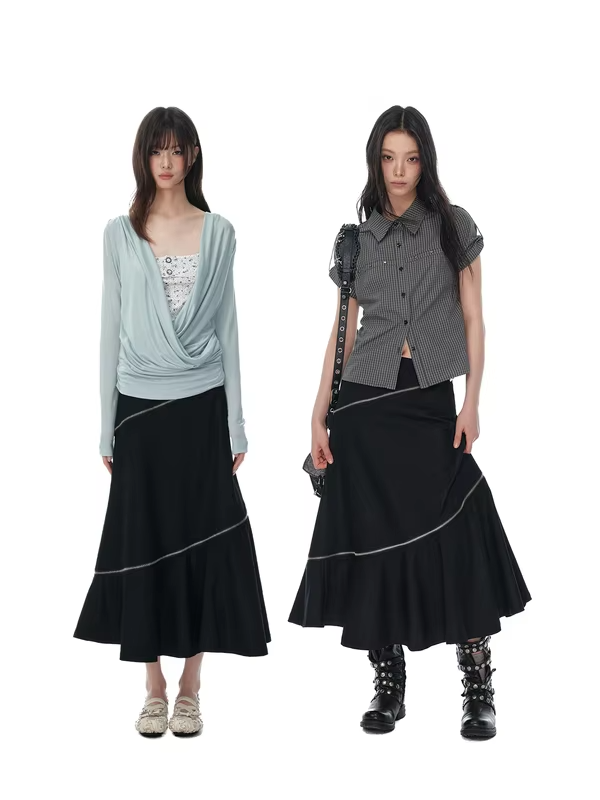 JIKOO Grape Vine Korean Style Semi-Formal Skirt Women's Summer Asymmetrical A-Line Slimming Midi Skirt Casual Low Waist