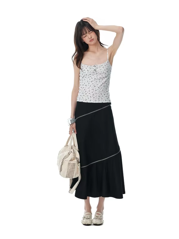 JIKOO Grape Vine Korean Style Semi-Formal Skirt Women's Summer Asymmetrical A-Line Slimming Midi Skirt Casual Low Waist