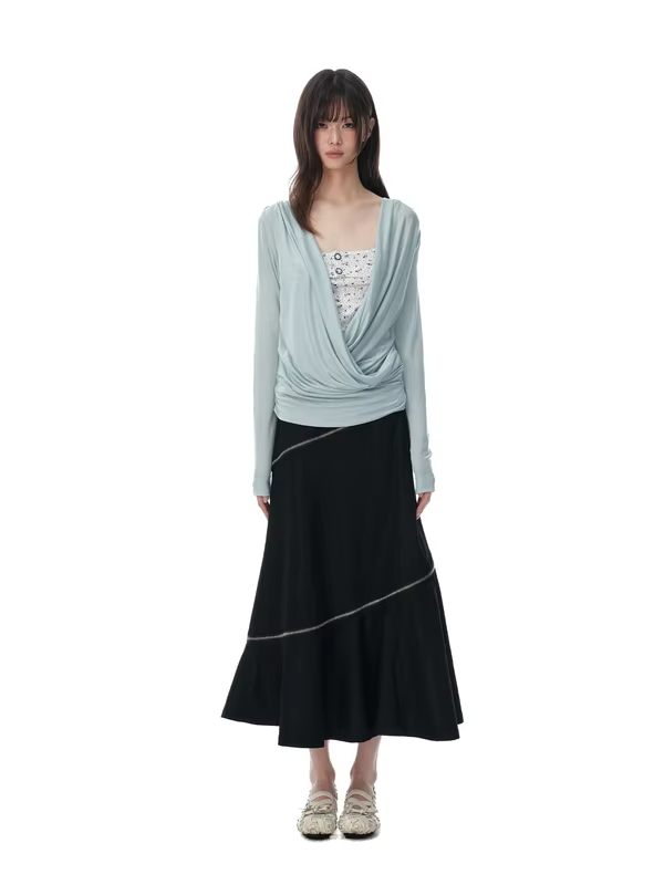 JIKOO Grape Vine Korean Style Semi-Formal Skirt Women's Summer Asymmetrical A-Line Slimming Midi Skirt Casual Low Waist