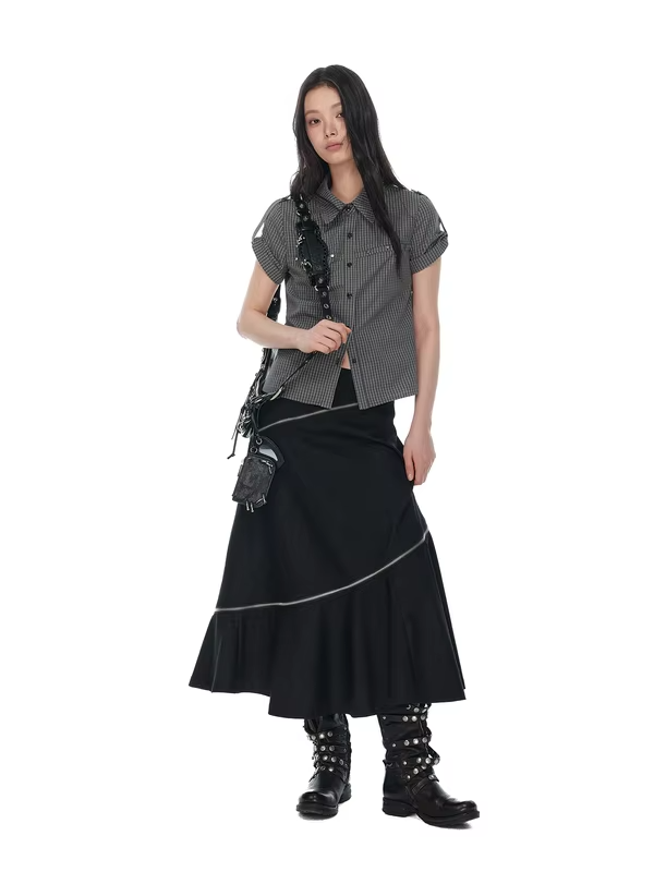 JIKOO Grape Vine Korean Style Semi-Formal Skirt Women's Summer Asymmetrical A-Line Slimming Midi Skirt Casual Low Waist