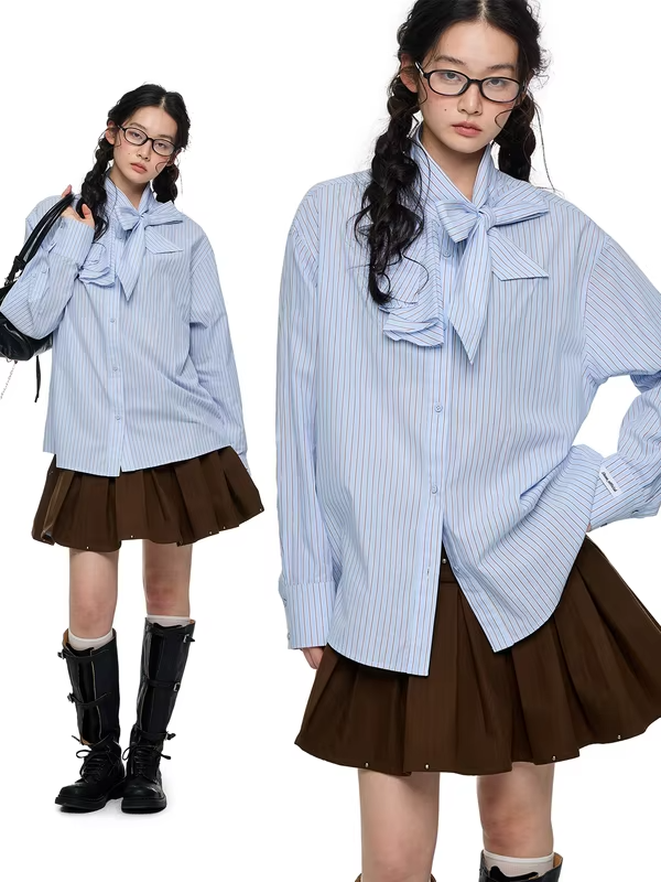 JIKOO Blue Striped Design  Knot Tie Long Sleeve Women's Shirt Spring Early Cotton Original Design Loose Fit Breathable