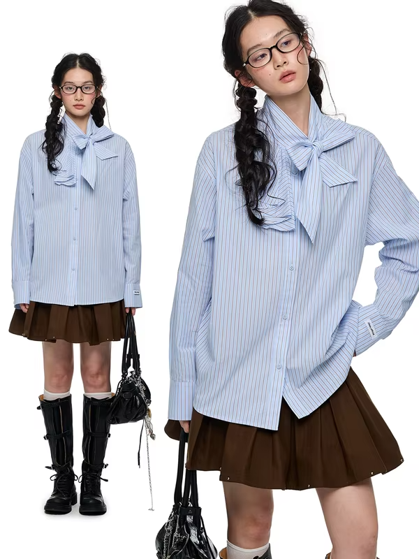 JIKOO Blue Striped Design  Knot Tie Long Sleeve Women's Shirt Spring Early Cotton Original Design Loose Fit Breathable