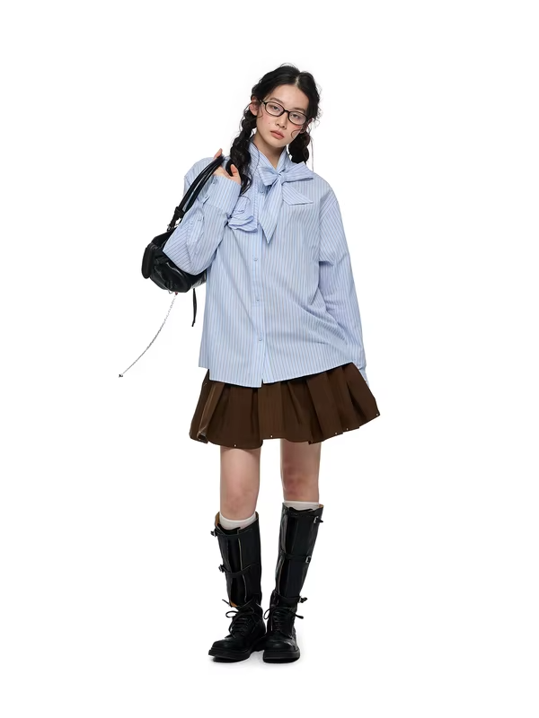 JIKOO Blue Striped Design  Knot Tie Long Sleeve Women's Shirt Spring Early Cotton Original Design Loose Fit Breathable