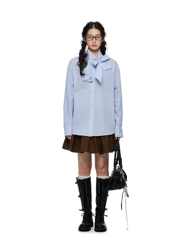 JIKOO Blue Striped Design  Knot Tie Long Sleeve Women's Shirt Spring Early Cotton Original Design Loose Fit Breathable