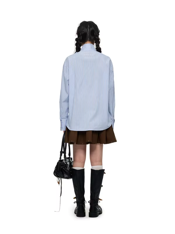 JIKOO Blue Striped Design  Knot Tie Long Sleeve Women's Shirt Spring Early Cotton Original Design Loose Fit Breathable