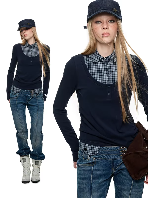 JIKOO Matilda Miu Patterned Long Sleeve Shirt Color Block Fake Two-Piece Base Shirt T-Shirt Top Women's Loose Fit Breathable .