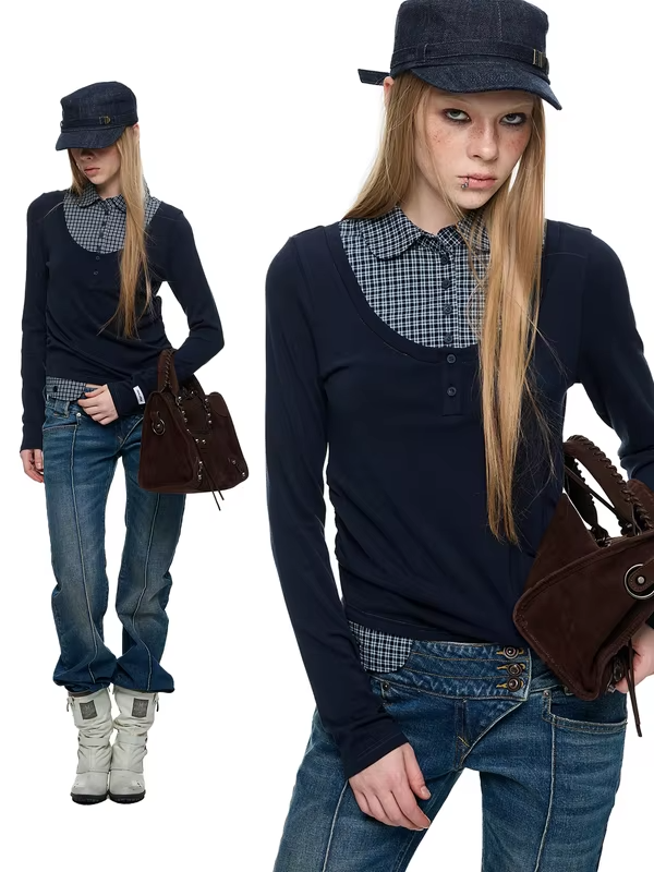 JIKOO Matilda Miu Patterned Long Sleeve Shirt Color Block Fake Two-Piece Base Shirt T-Shirt Top Women's Loose Fit Breathable .
