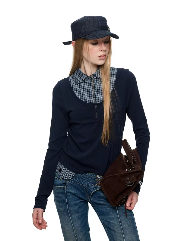 JIKOO Matilda Miu Patterned Long Sleeve Shirt Color Block Fake Two-Piece Base Shirt T-Shirt Top Women's Loose Fit Breathable .