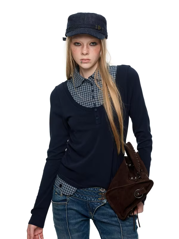 JIKOO Matilda Miu Patterned Long Sleeve Shirt Color Block Fake Two-Piece Base Shirt T-Shirt Top Women's Loose Fit Breathable .
