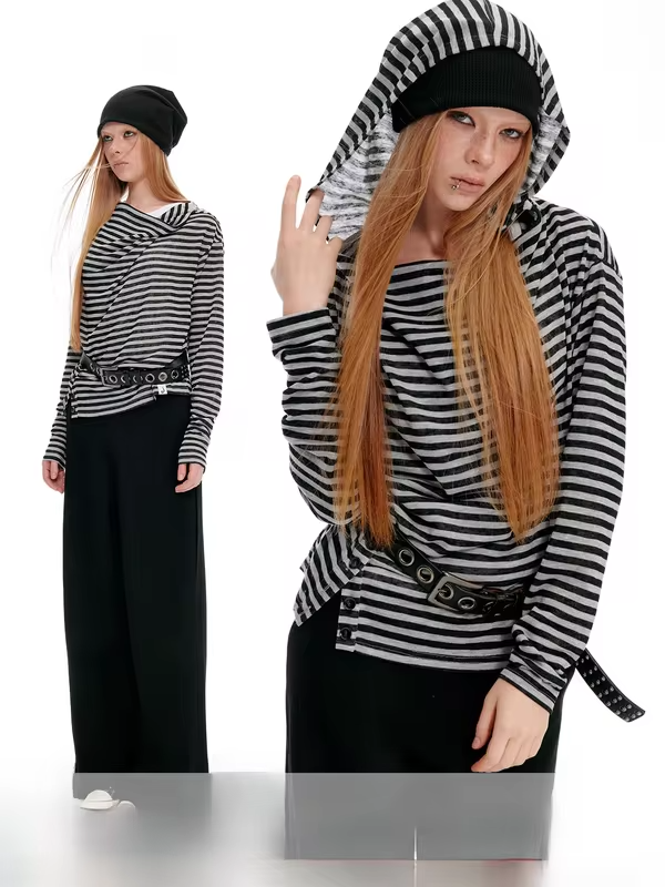 JIKOO Casual Stripe Design Hooded Long Sleeve Women's T-shirt Slimming Outfit Vintage Net Bar Style Breathable Thin Polyester.