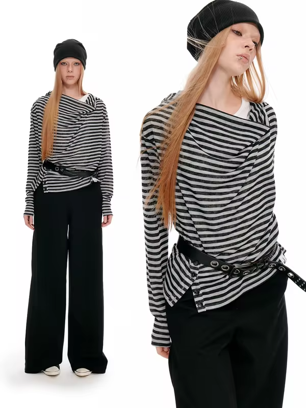 JIKOO Casual Stripe Design Hooded Long Sleeve Women's T-shirt Slimming Outfit Vintage Net Bar Style Breathable Thin Polyester.