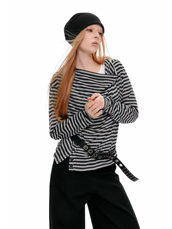 JIKOO Casual Stripe Design Hooded Long Sleeve Women's T-shirt Slimming Outfit Vintage Net Bar Style Breathable Thin Polyester.