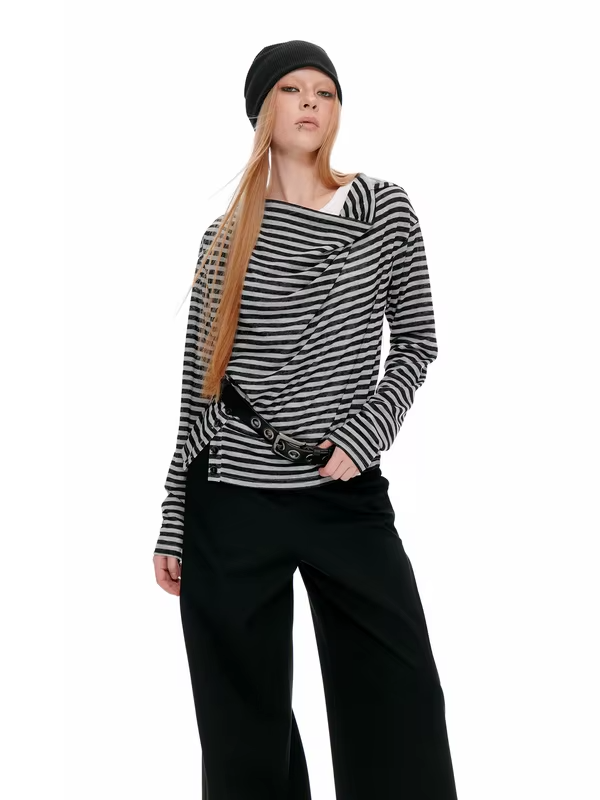 JIKOO Casual Stripe Design Hooded Long Sleeve Women's T-shirt Slimming Outfit Vintage Net Bar Style Breathable Thin Polyester.
