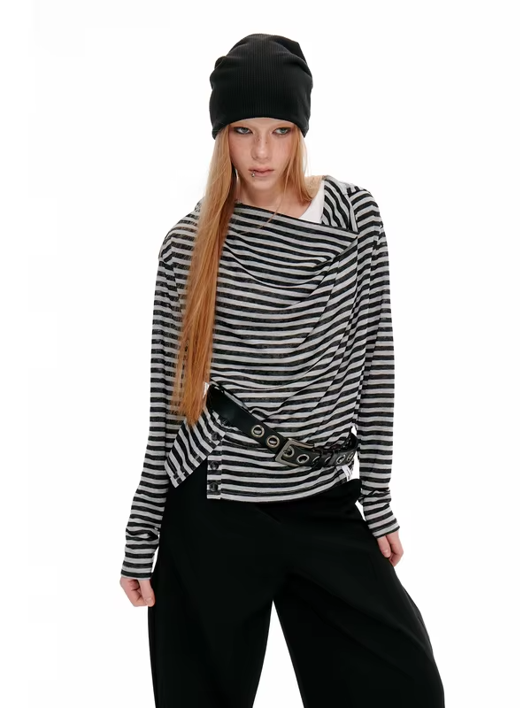 JIKOO Casual Stripe Design Hooded Long Sleeve Women's T-shirt Slimming Outfit Vintage Net Bar Style Breathable Thin Polyester.