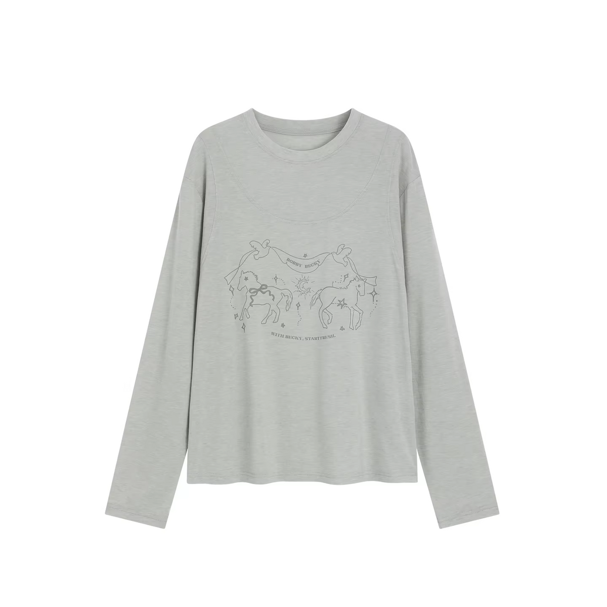 BobbyBecky Vintage Loose Cloud Moonlight Pegasus round Neck Layering Lightweight Long Sleeve T-Shirt Comfortable Breathable S.