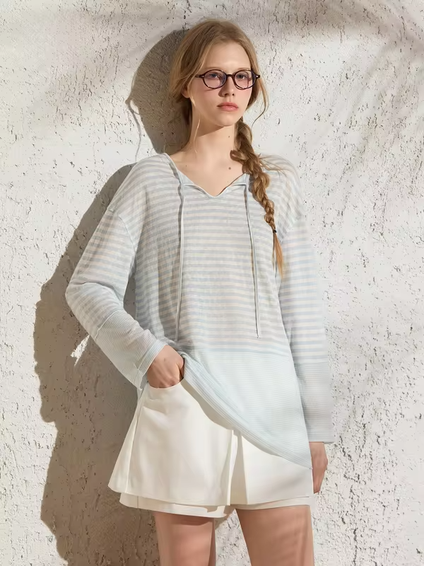 BobbyBecky Vintage  Versatile Shoulder Drop Sun Protection T-Shirt Navy Stripe Knitted Cover up Loose Fit Summer Women's.
