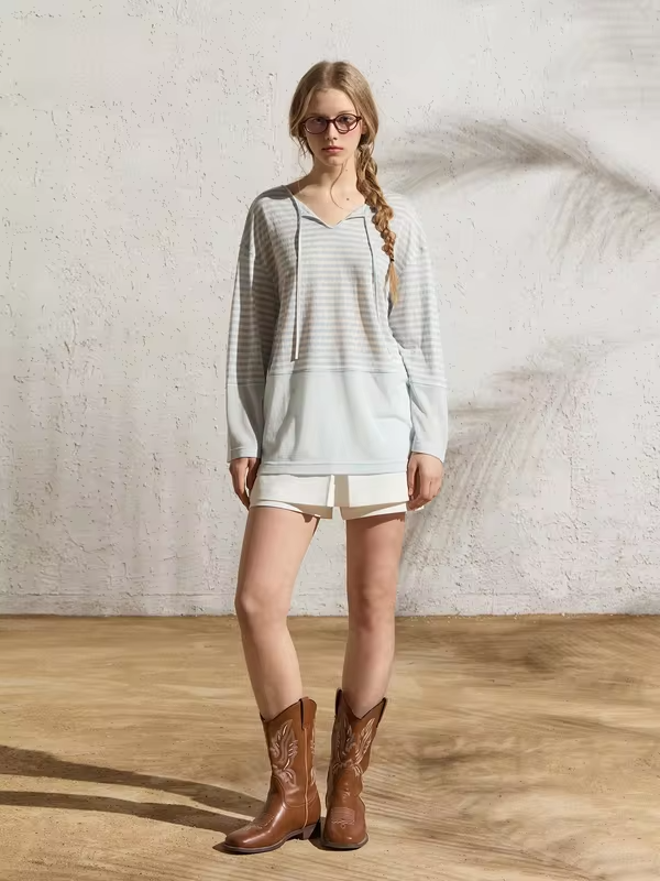BobbyBecky Vintage  Versatile Shoulder Drop Sun Protection T-Shirt Navy Stripe Knitted Cover up Loose Fit Summer Women's.
