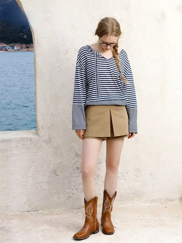 BobbyBecky Vintage  Versatile Shoulder Drop Sun Protection T-Shirt Navy Stripe Knitted Cover up Loose Fit Summer Women's.