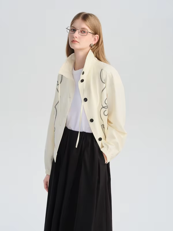 ZIQIAO Design Sense Artist Embroidery Stand Collar Short Jacket Female 2025 Autumn New Arrival College Style Jacket