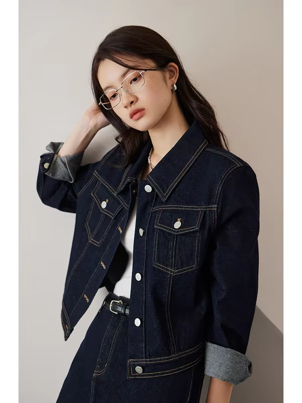 ZIQIAO Casual Style Retro Dark Blue Denim Jacket for Women 2023 Autumn Newly Loose All-match Commuter Short Jacket Coat Female