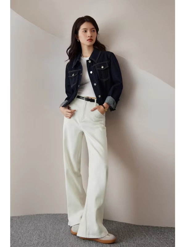 ZIQIAO Casual Style Retro Dark Blue Denim Jacket for Women 2023 Autumn Newly Loose All-match Commuter Short Jacket Coat Female