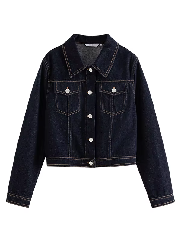 ZIQIAO Casual Style Retro Dark Blue Denim Jacket for Women 2023 Autumn Newly Loose All-match Commuter Short Jacket Coat Female