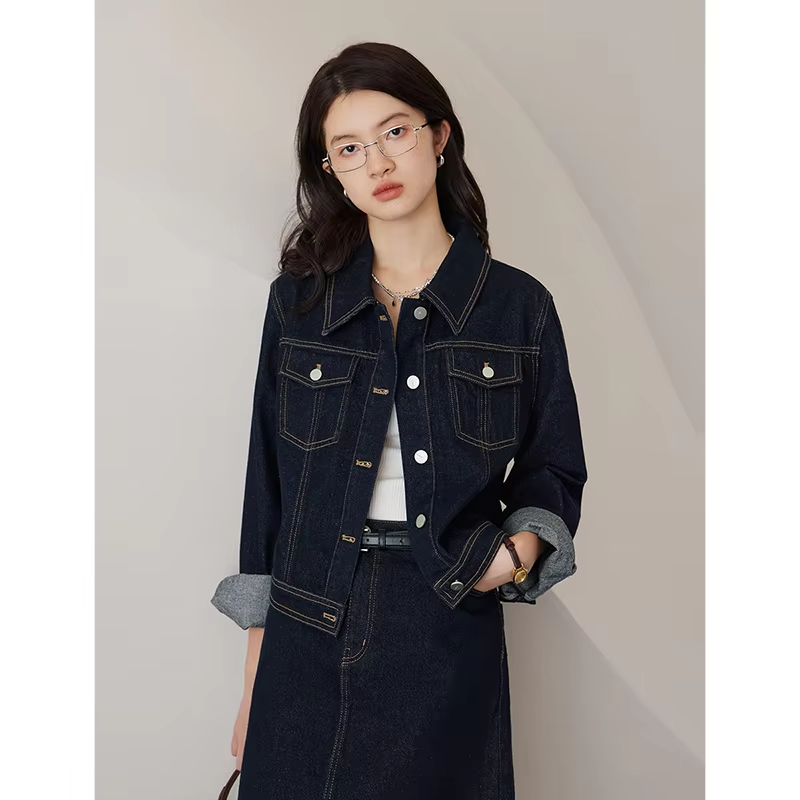 ZIQIAO Casual Style Retro Dark Blue Denim Jacket for Women 2023 Autumn Newly Loose All-match Commuter Short Jacket Coat Female