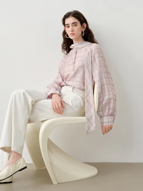 ZIQIAO French-style Plaid Blouse Ribbon Women's Spring 2026 New Reversible Top Long Sleeve Loose Leisure Sweet Temperament