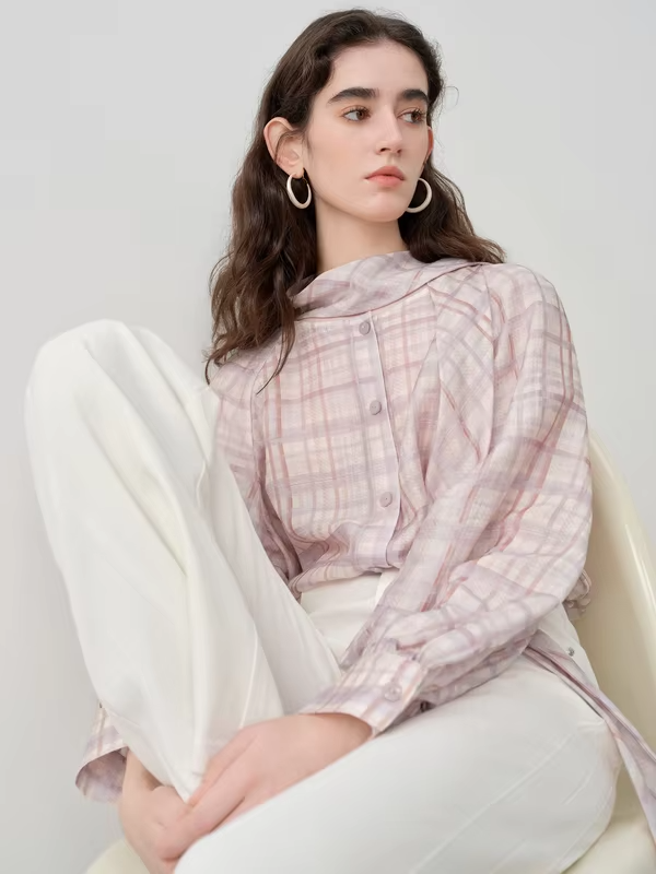ZIQIAO French-style Plaid Blouse Ribbon Women's Spring 2026 New Reversible Top Long Sleeve Loose Leisure Sweet Temperament