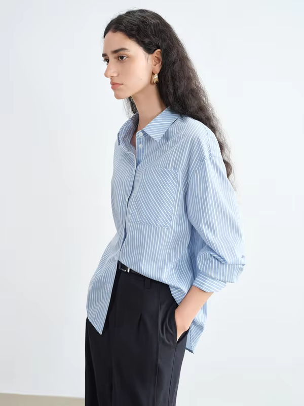 ZIQIAO Blue Academic Stripe Women's Long Sleeve Retro Checked Shirt 2025 Autumn New Arrival Women Shirts Without Shawl