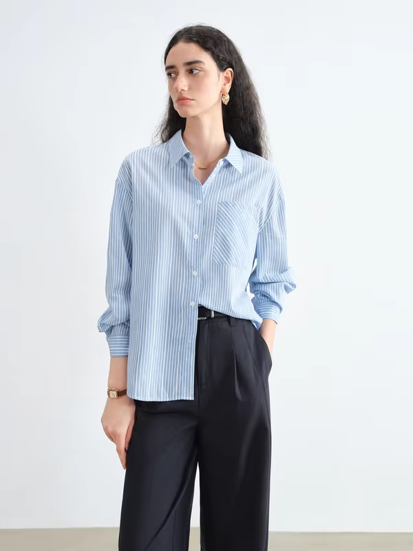 ZIQIAO Blue Academic Stripe Women's Long Sleeve Retro Checked Shirt 2025 Autumn New Arrival Women Shirts Without Shawl