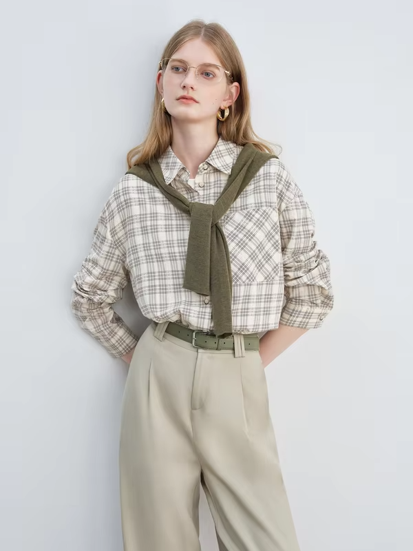 ZIQIAO Blue Academic Stripe Women's Long Sleeve Retro Checked Shirt 2025 Autumn New Arrival Women Shirts Without Shawl